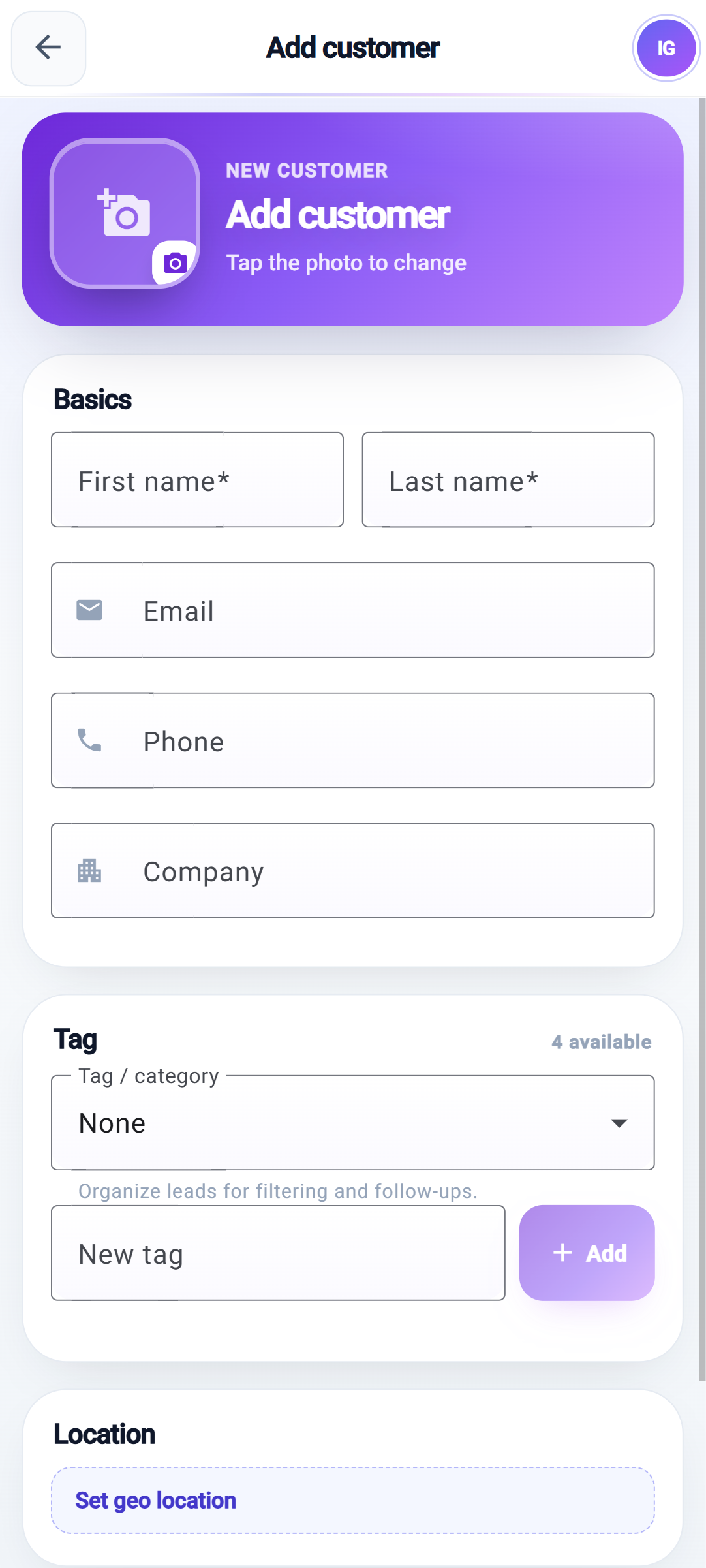 GT Business add customer flow with photo and location