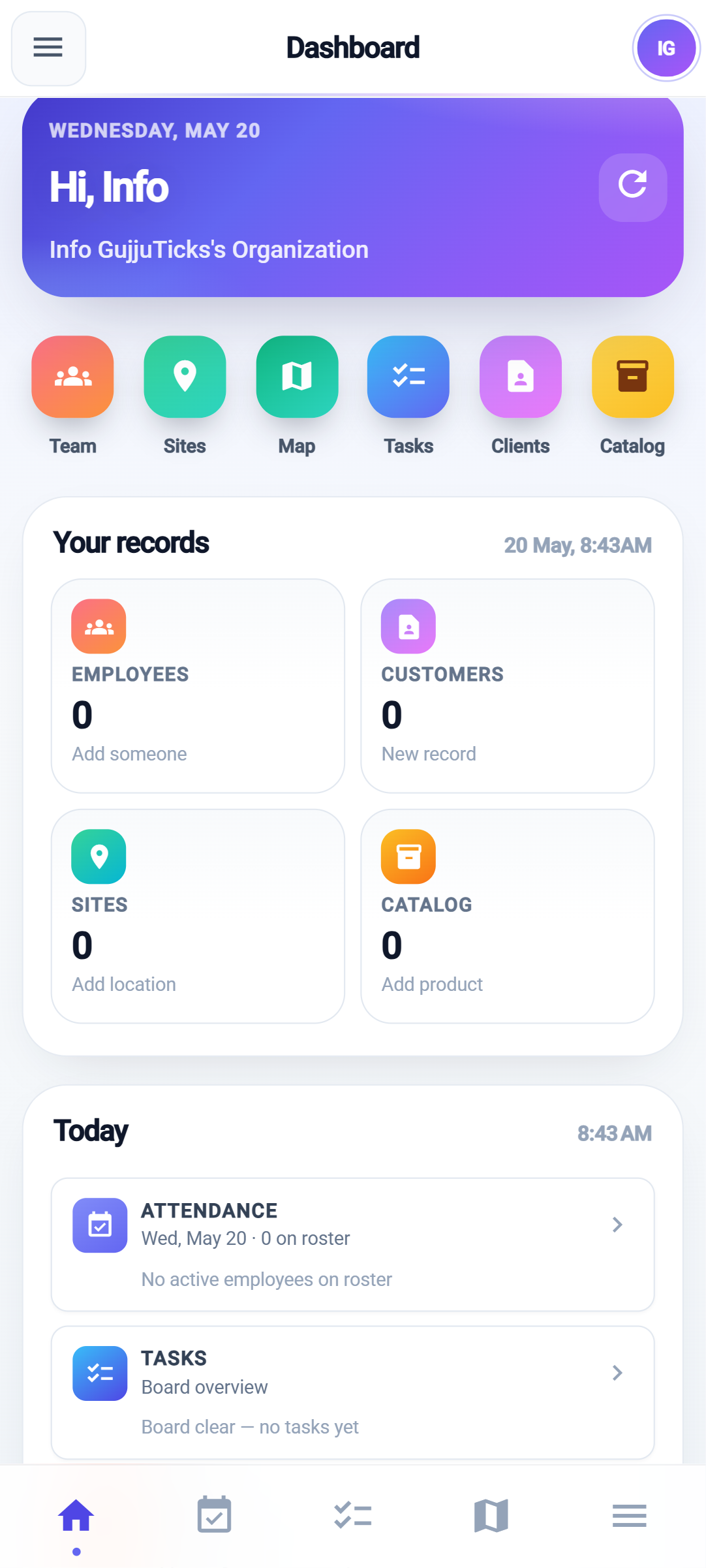 GT Business Android app dashboard with organization shortcuts