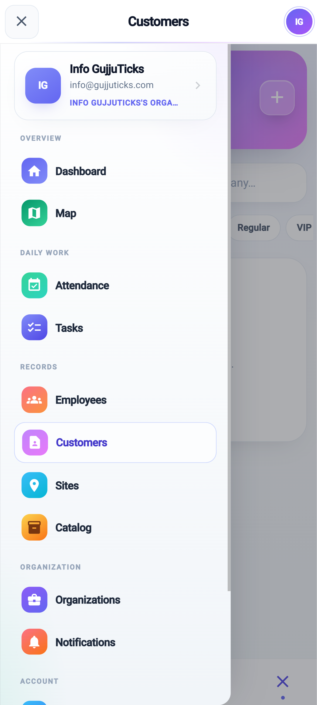 GT Business Android navigation menu