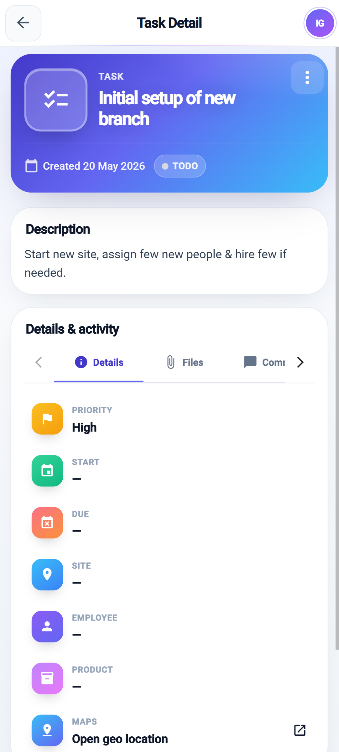 GT Business task detail with priority files and comments