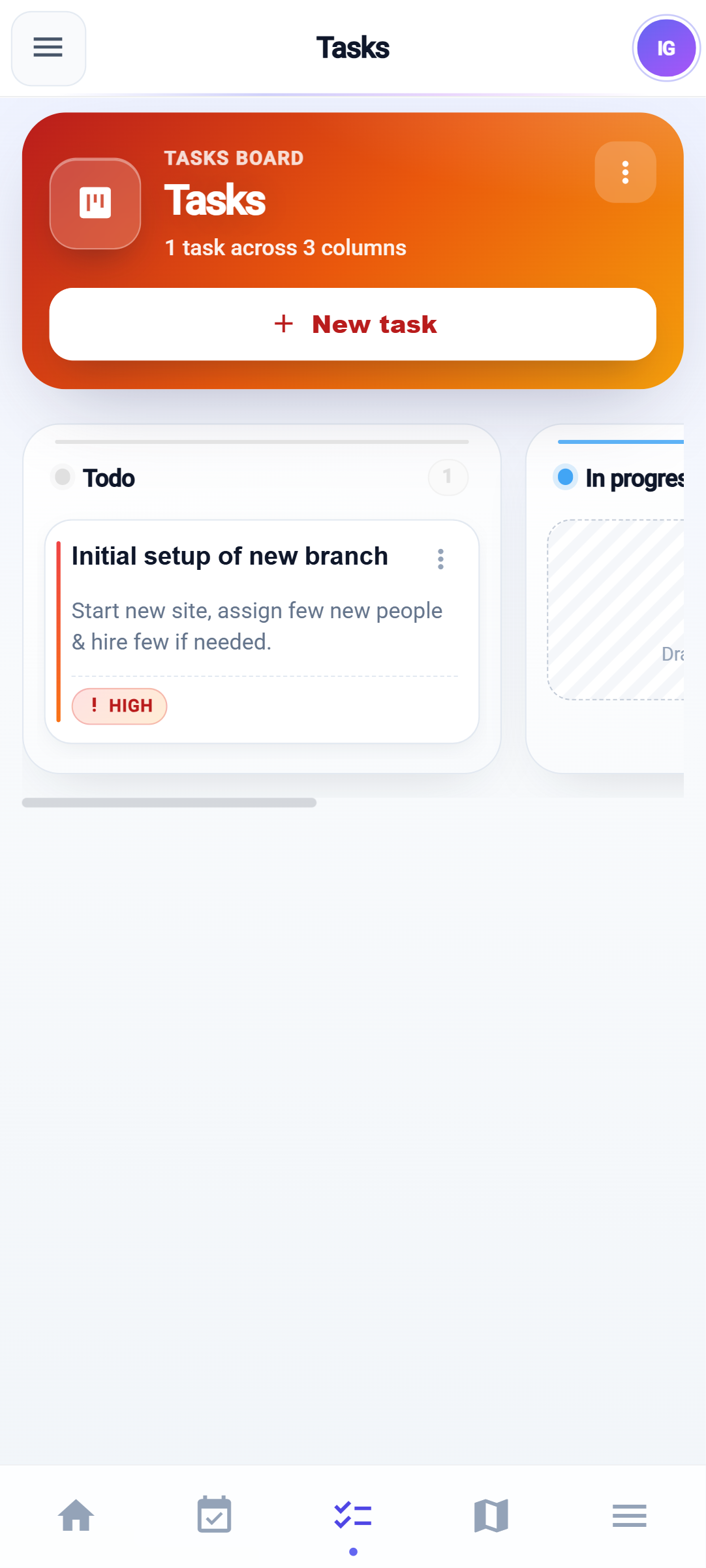 GT Business tasks board with Todo and In progress columns