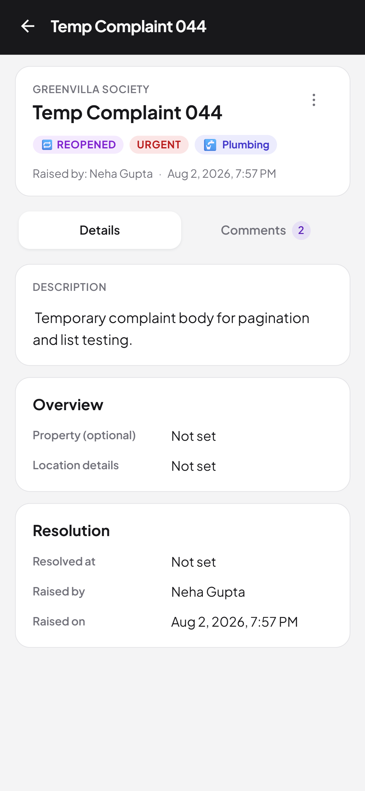 Neighbourly complaint detail with status, priority, and comments