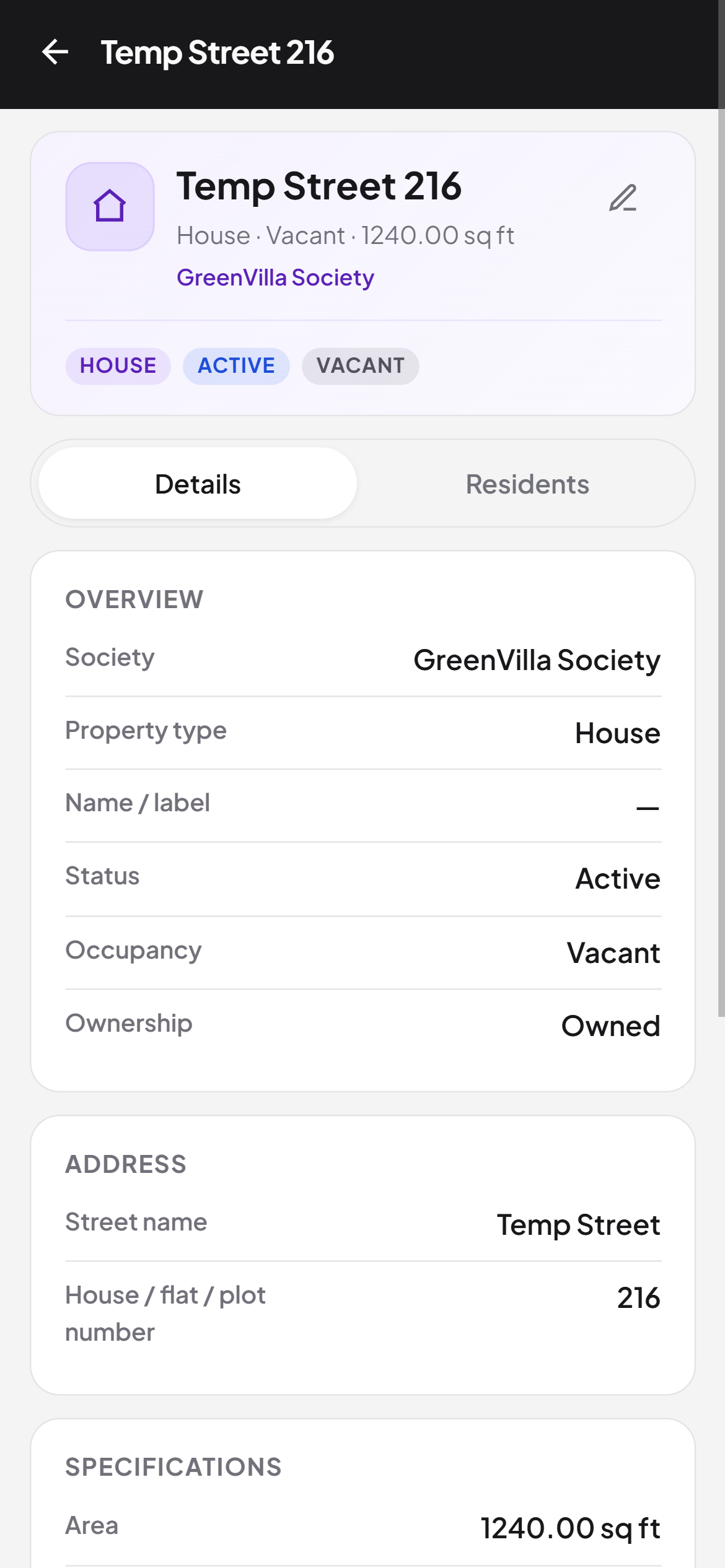 Neighbourly property details screen for a house unit