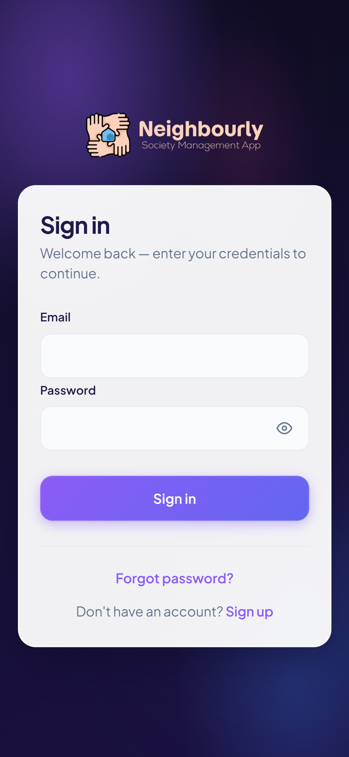 Neighbourly society app sign-in screen