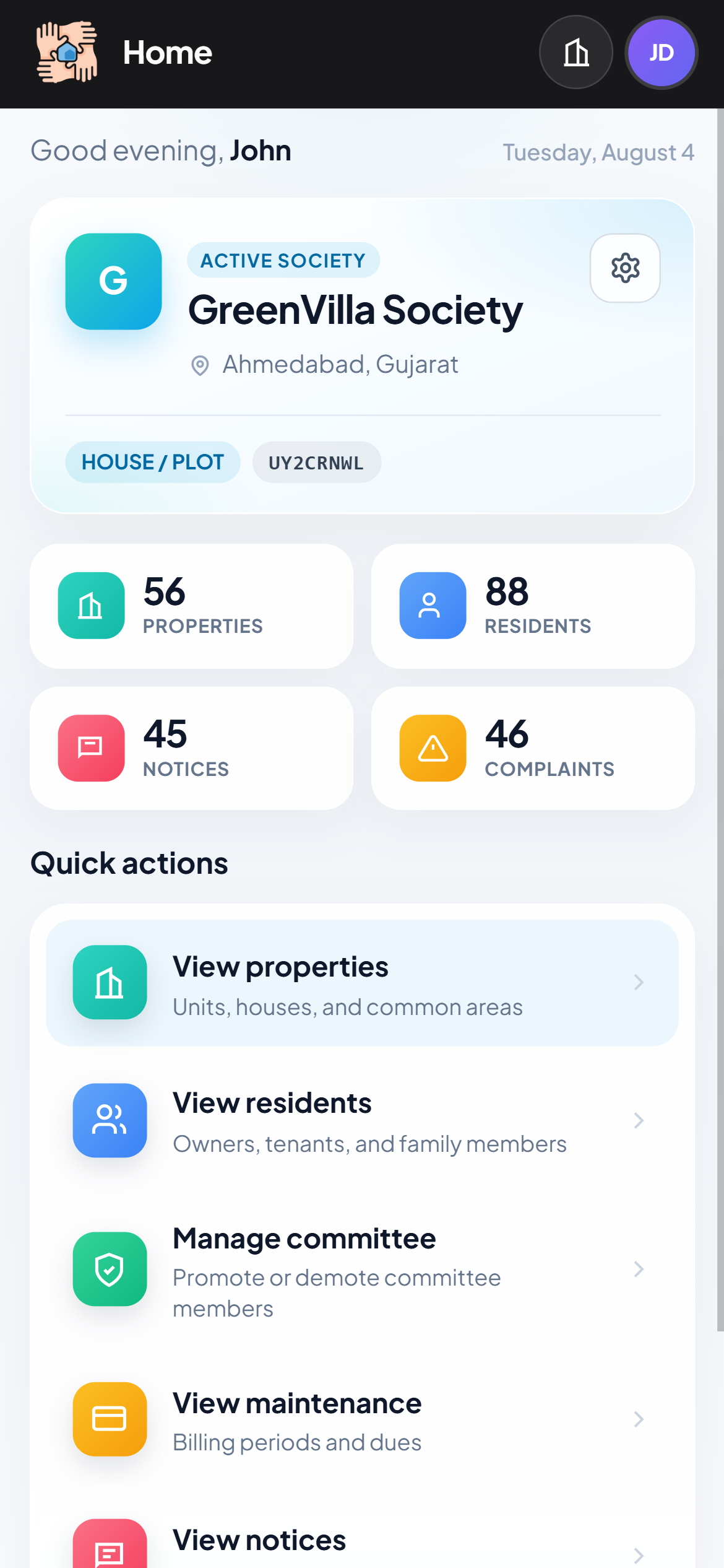 Neighbourly society dashboard with property and resident counts