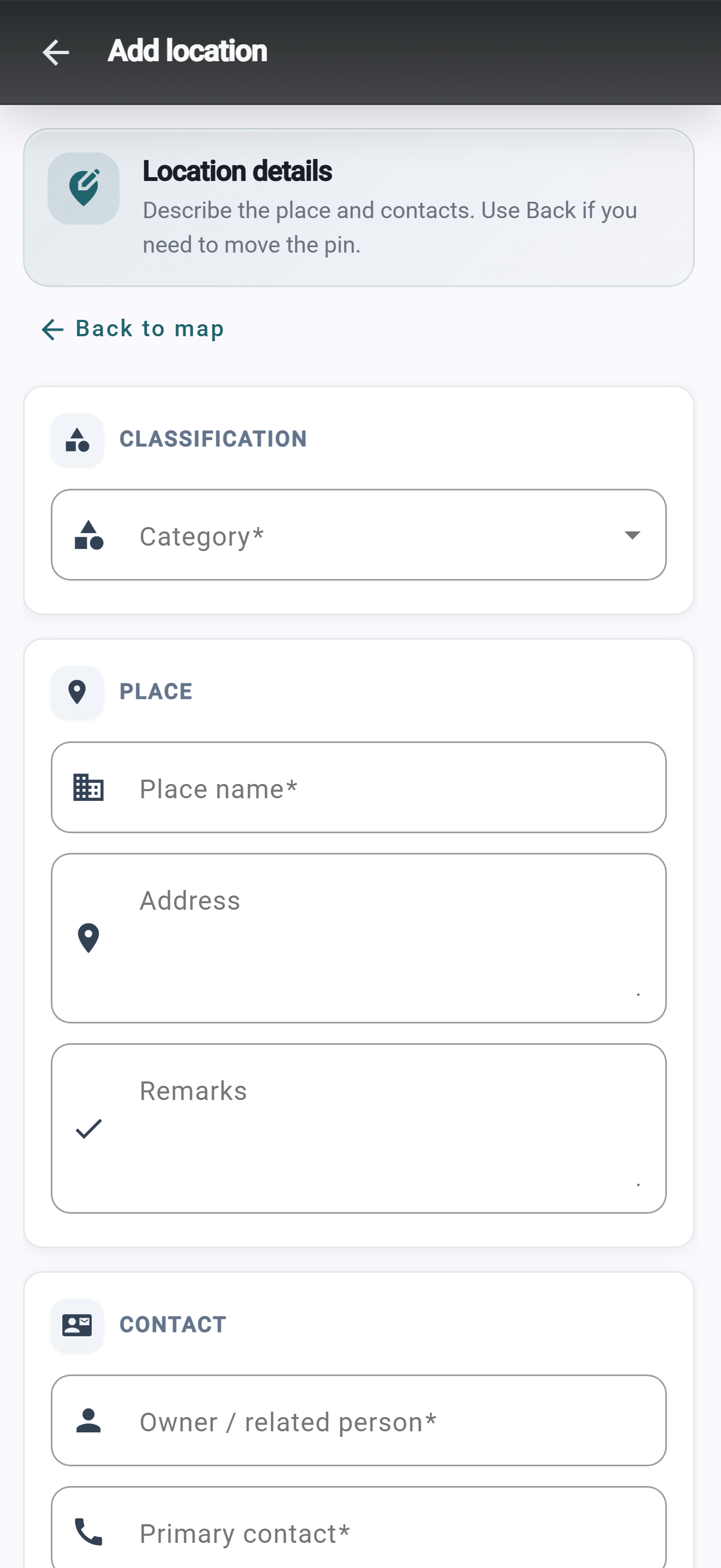 TejasView add location details form after pinning