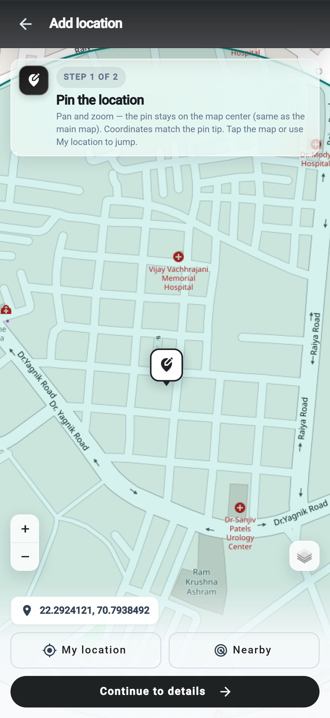 TejasView add location map step with live coordinates
