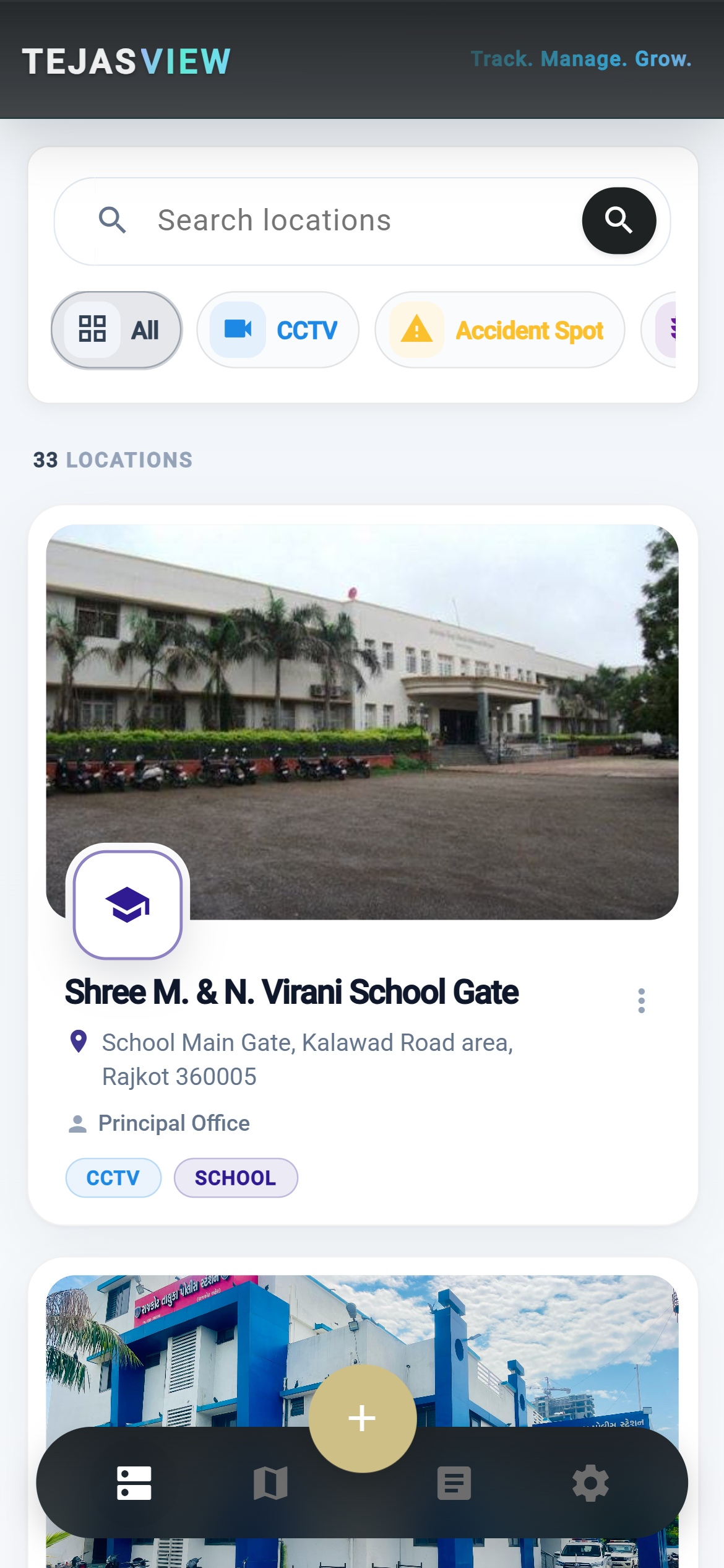 TejasView location list with colour-coded category filters