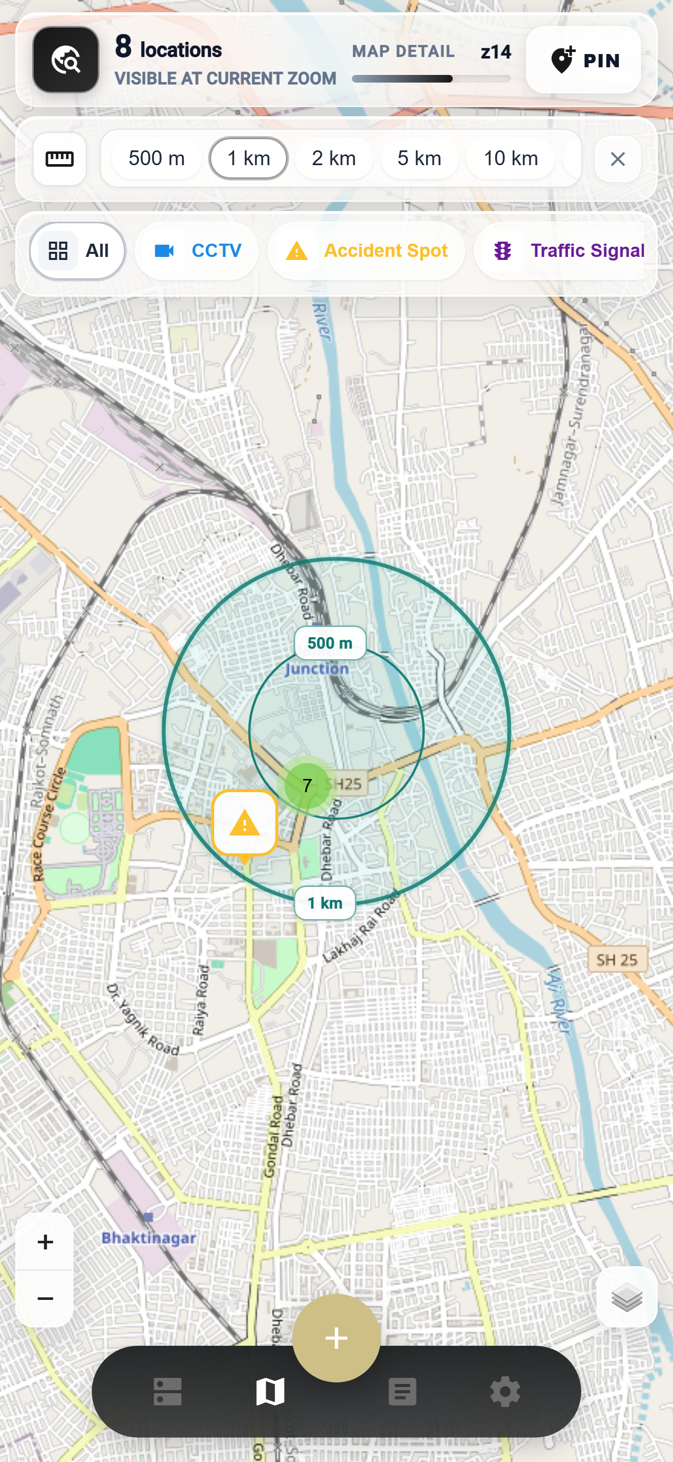 TejasView radius search on the map with range rings