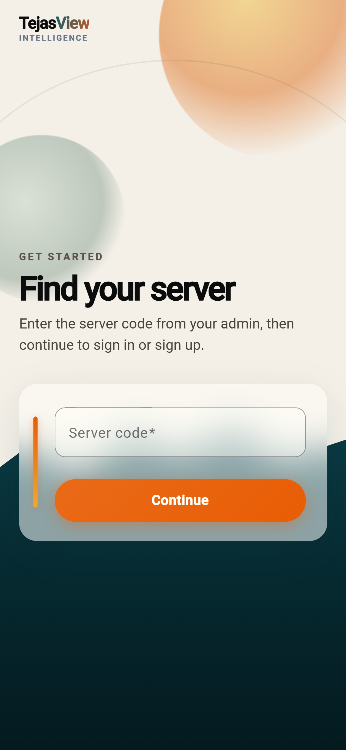 TejasView select server screen with workspace join code
