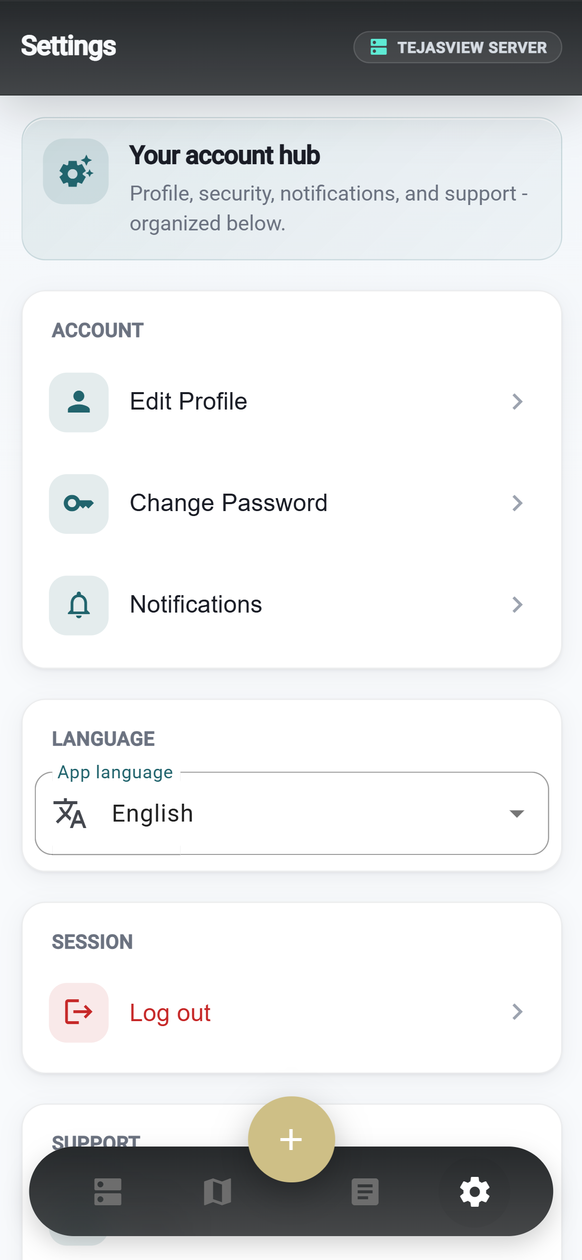 TejasView settings for profile language and notifications
