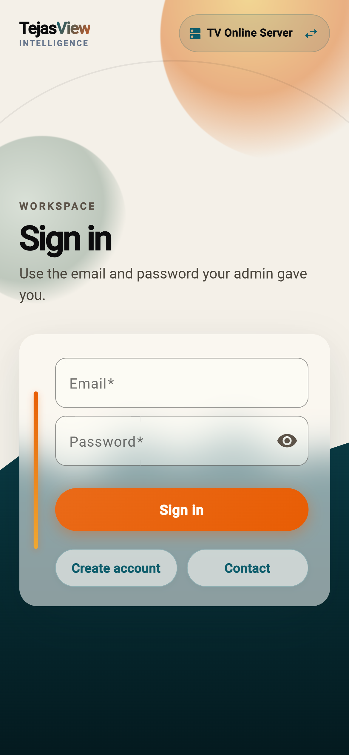 TejasView sign-in screen for a connected workspace